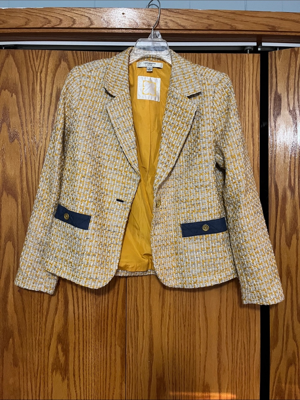 Liz Claiborne Tweed Blazer Yellow Navy Gold Buttons Size 6